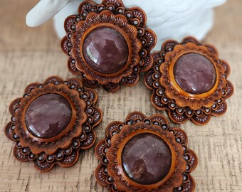 Handmade Tooled Leather Western conchos with Quartz Stone Inlay