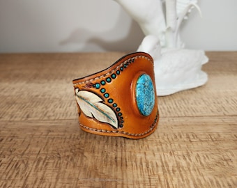 Leather Carved Cuff with Turquoise Inlay,
