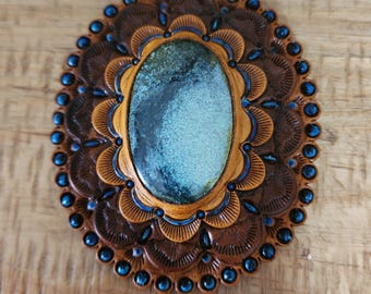 Handmade Tooled Leather Concho with Turquoise Inlay