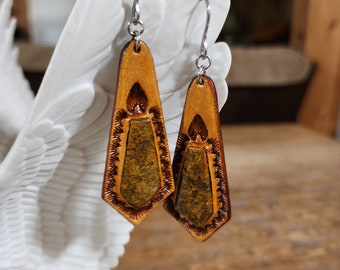 Tooled Leather earrings with Jasper Gemstones, Tooled western earrings