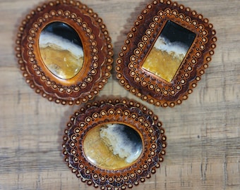 Handmade Handtooled Western Leather Concho with Gemstones