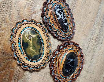 Navajo Style Tooled Leather Concho with Natural Stones Inlay