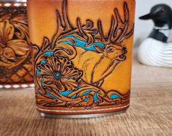 Hand Tooled Leather Flask: Rustic Elk Design, Western Style