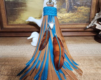 Leather Feather Tassel: Tooled Saddle Tan Bag Charm with Turquoise