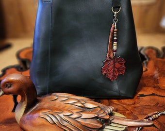 Maple Leaf Tassel/ Tooled Leather Leaf Tassel with Gemstones, Country Leather Tassels