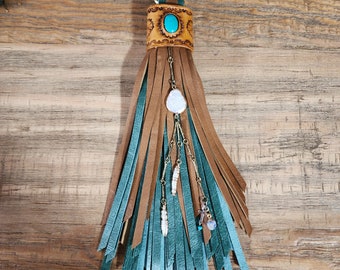 Handmade Tooled Leather Tassel with Turquoise Inlay