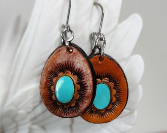 Southwest Leather Earrings with Turquoise Gemstone Inlay