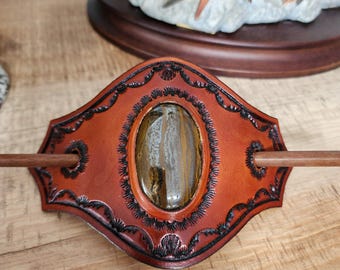 Tooled Leather Hair Slide with Gemstone: Western Style
