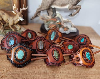 Tooled Leather Hair Slide with Gemstone: Western Style