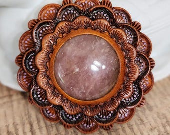 Handmade Tooled Leather Concho with Rose Quartz Inlay