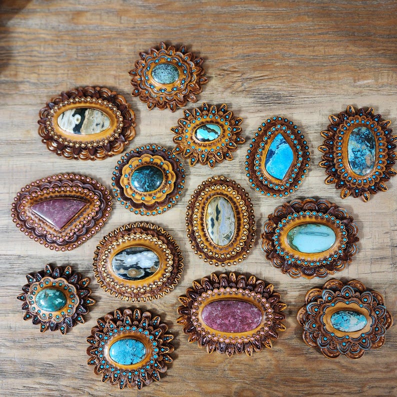 Handmade Tooled Leather Western Conchos With Turquoise Inlay Stones - Etsy