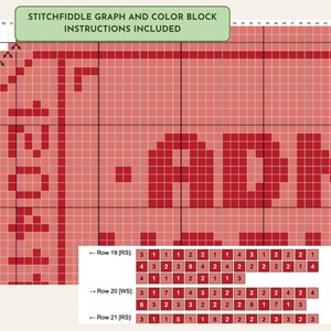 May include: A red and white cross-stitch pattern with the word "ADON" in large letters. The image includes a color block chart and the text "Stitchfiddle graph and color block instructions included."