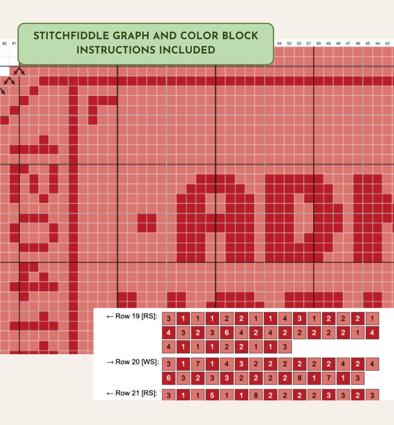 May include: A red and white cross-stitch pattern with the word "ADON" in large letters. The image includes a color block chart and the text "Stitchfiddle graph and color block instructions included."