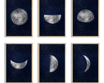 Astronomy Wall Moon Set of 6 Poster Phases of the Moon Art Ideal Gift for Astronomy Lovers Space Wall Universe Print