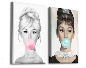 Brigitte Bardot Fans Gifts. Audrey Hepburn Blowing Bubble Gum Decor. Hepburn and Bardot Canvas Photo. Bubble Gum Canvas Decor. Set of 2.