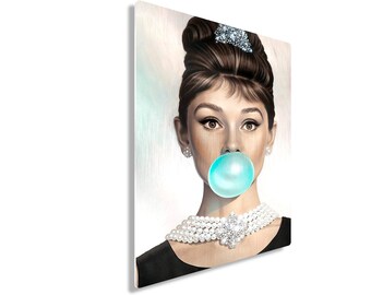 Audrey Hepburn Metal Print Wall Art Blue Bubble Gum Home Decor