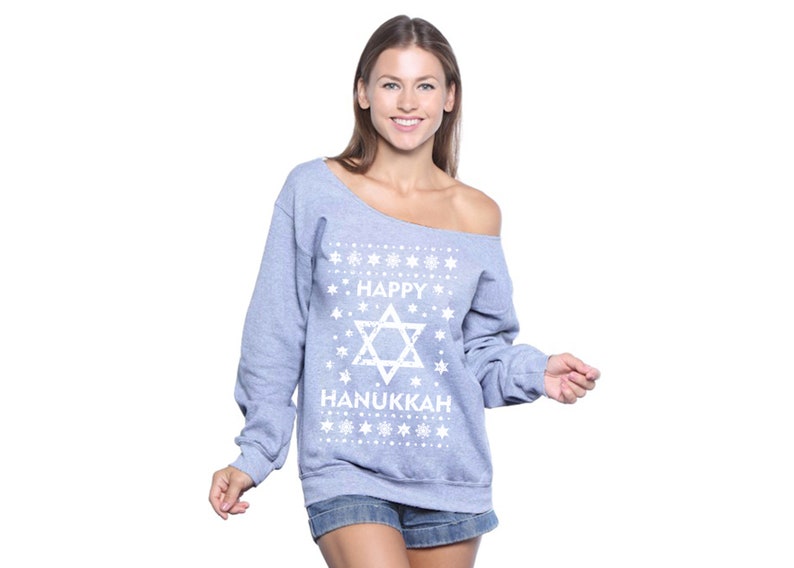 Jewish Sweatshirt for Women Hanukkah Off Shoulder Sweatshirt Xmas Slouchy Hanukkah Sweater for Her