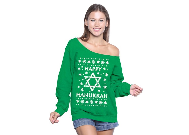 Jewish Sweatshirt for Women Hanukkah Off Shoulder Sweatshirt Xmas Slouchy Hanukkah Sweater for Her