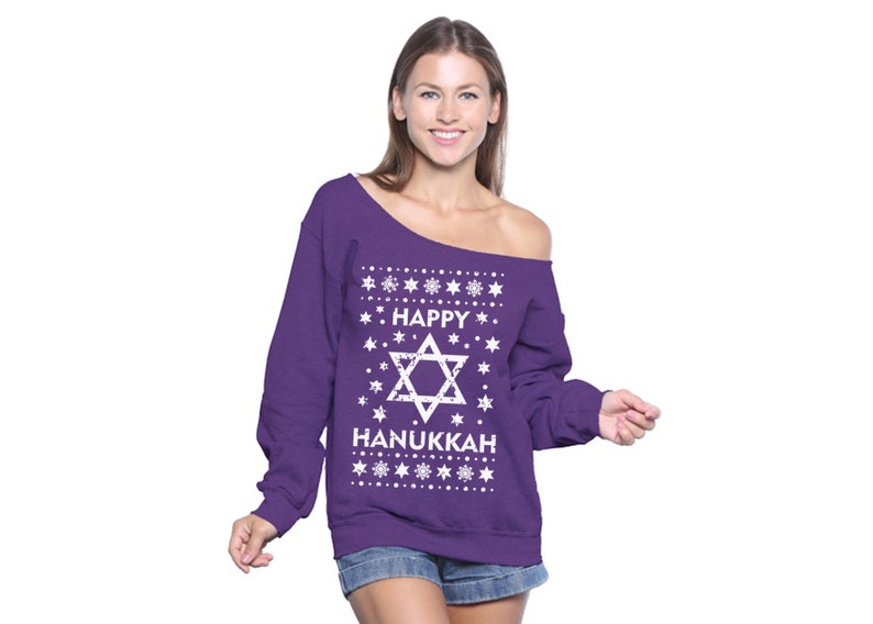 Jewish Sweatshirt for Women Hanukkah Off Shoulder Sweatshirt Xmas Slouchy Hanukkah Sweater for Her