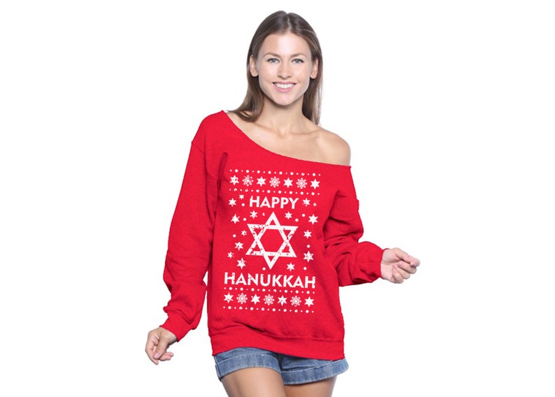 Jewish Sweatshirt for Women Hanukkah Off Shoulder Sweatshirt Xmas Slouchy Hanukkah Sweater for Her