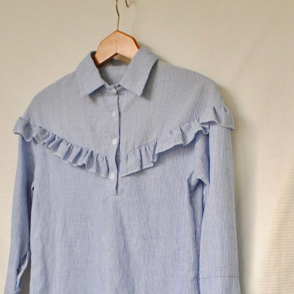 blue and white striped ruffled button down long sleeve shirt