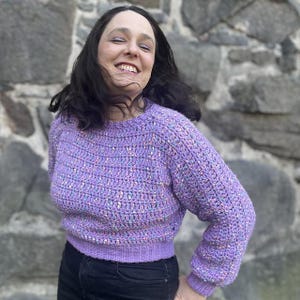 May include: A purple crochet sweater with a speckled pattern. The sweater has a round neckline and long sleeves.