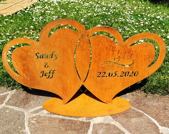Corazón de boda con nombres y fecha grabados, acabado rústico, metal oxidado, decoración, boda, regalo, personalizable, novios, metal