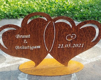 Corazón de boda con nombres y fecha grabados, acabado rústico, metal oxidado, decoración, boda, regalo, personalizable, novios, metal