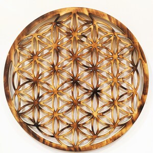 May include: A wooden wall hanging in the shape of a circle with a geometric pattern of overlapping circles and triangles. The pattern is carved into the wood and the wood is a light brown color.