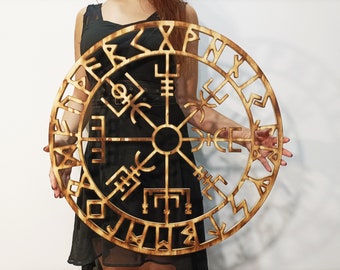 Brújula nórdica Islandia Brújula islandesa Vegvisir Decoración de pared madera Vikingo pagano