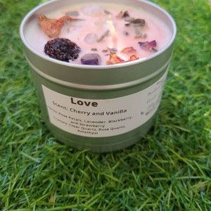 Love Intention Candle- Herb Candle, Spell Candle, Chime Candles, Crystal Candle, Candle Magic, Offering Candles, Ritual Candles, Rose Quartz