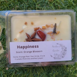 K&ouml;nnte beinhalten: Eine wei&szlig;e Kerze in einem durchsichtigen Plastikbeh&auml;lter mit einem Etikett mit der Aufschrift "Happiness" und "Scent: Orange Blossom". Die Kerze ist mit Orangenschale, Sternanis, Nelke, Prehnit und rotem Jaspis verziert.