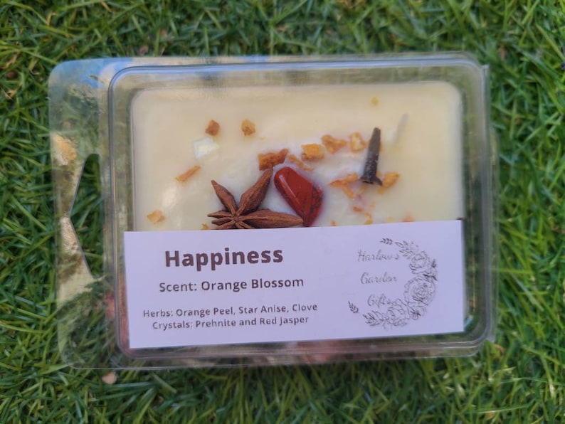 K&ouml;nnte beinhalten: Eine wei&szlig;e Kerze in einem durchsichtigen Plastikbeh&auml;lter mit einem Etikett mit der Aufschrift "Happiness" und "Scent: Orange Blossom". Die Kerze ist mit Orangenschale, Sternanis, Nelke, Prehnit und rotem Jaspis verziert.