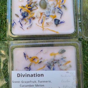 K&ouml;nnte beinhalten: Eine rosa Sojawachskerze mit getrockneten Blumen und Kristallen. Die Kerze ist mit "Divination" beschriftet und listet den Duft als "Grapefruit, Kurkuma, Gurkenmelone" auf. Das Etikett listet auch die verwendeten Kr&auml;uter auf: Lavendel, Kornblume, Ringelblume. Die verwendeten Kristalle sind Labradorit, Lapislazuli und Mondstein.