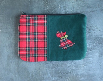 Pochette SCOTCH-TERRIER, trousse, étui fourre-tout, trousse de maquillage, Tartan, Ecosse, rentrée, fait-main par merlanne