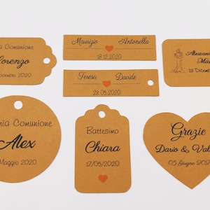20 ETICHETTE KRAFT personalizzate per BOMBONIERE fai da te. Ideali per Battesimo, Comunione, Cresima, Matrimonio.
