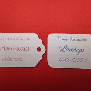 10 (o più) ETICHETTE personalizzate a forma di TAG per BOMBONIERE fai da te. Ideali per Battesimo, Comunione, Cresima, Matrimonio