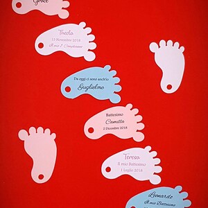 20 ETICHETTE personalizzate a forma di PIEDINO per BOMBONIERE fai da te. Ideali per Battesimo, Comunione, Cresima, Matrimonio