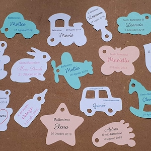 10 (o più) ETICHETTE personalizzate a forma di GIOCATTOLI per BOMBONIERE fai da te. Ideali per Battesimo, Comunione, Cresima, Matrimonio