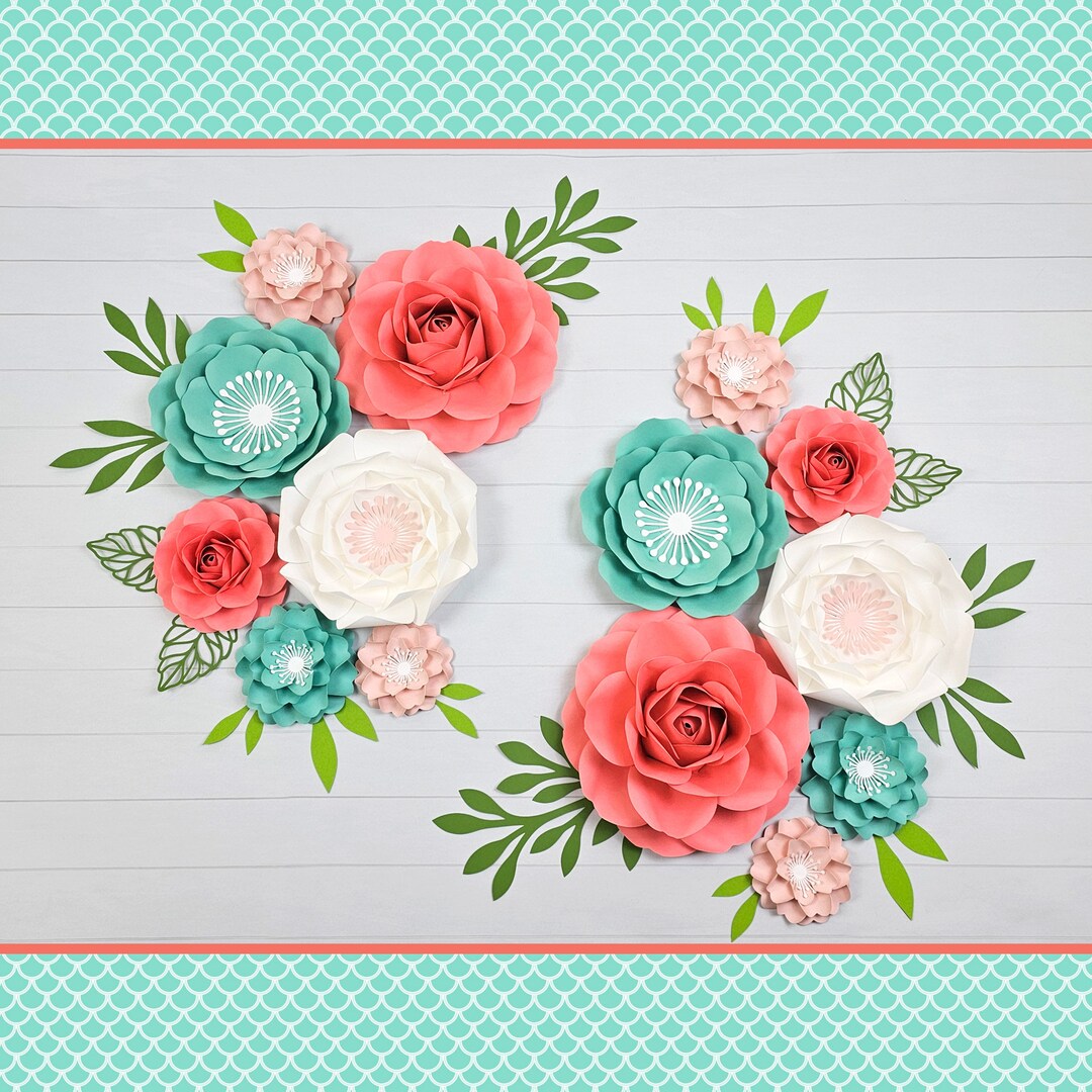 Coral and Turquoise Paper Flowers Wall Arrangement, Coral and Navy Girl