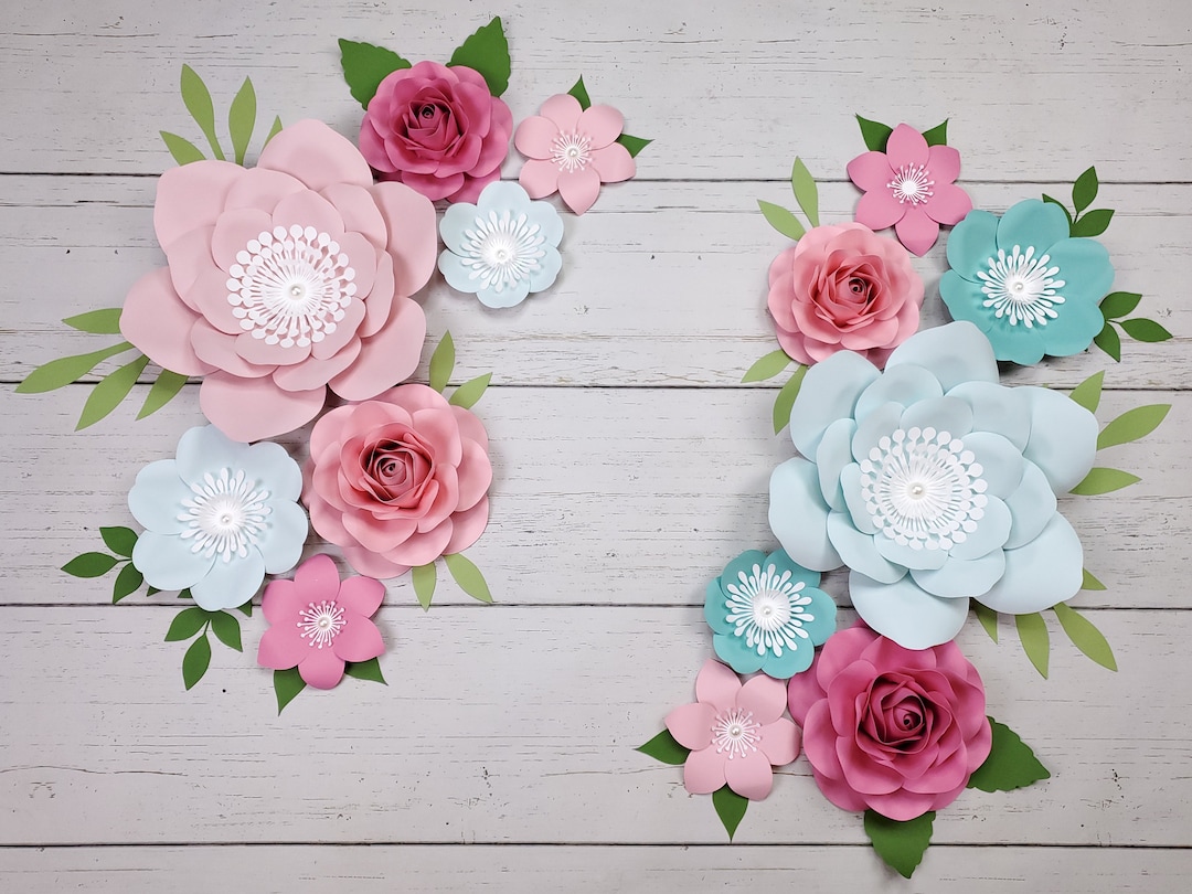 Paper Wall Flowers for Nursery Wall, Above the Crib Arrangement in Shades of Pink, Light Teal