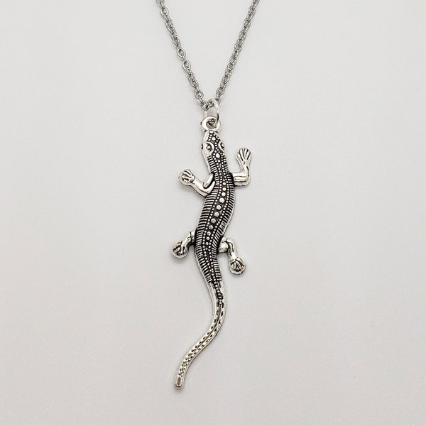 Lizard Necklace / Silver Lizard Pendant on Stainless Steel Chain or Black Cord