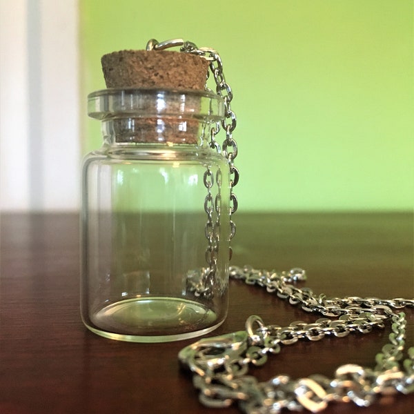 Empty Glass Bottle Necklace / Vial Necklace / 32mm 5ml Bottle on Stainless Steel Chain or Black Cord / DIY Craft Necklace