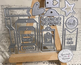 Metal Die - tabs, tags, banner, star, heart, hole reinforcer.  MD554