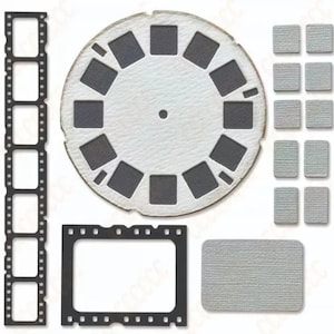 May include: A vintage-style, white cardboard film reel with 12 circular openings. The reel is surrounded by 12 small, grey, textured squares. There is also a black and white film strip with a single frame.