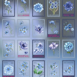 Paquete de sellos postales con pegatinas transparentes - Flores azules y moradas