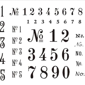 May include: Black and white image featuring various number designs. Includes numbers 1 through 0 in multiple styles, with the word "No." preceding some numbers. The image showcases different fonts and sizes for each number.