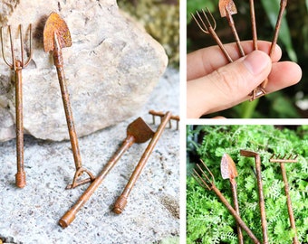 Miniature Fairy Rusty garden tools mini gardening shovel rake