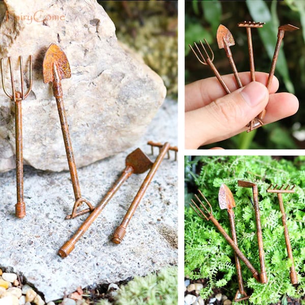 Miniature Fairy Rusty garden tools mini gardening shovel rake