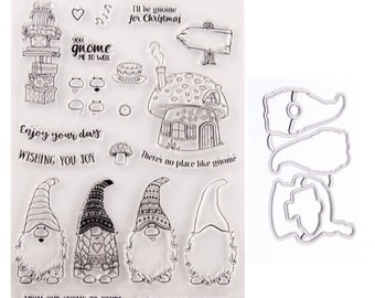 May include: Clear stamp set featuring gnome-themed images, including gnomes, a mushroom house, presents, and the text "I'll be gnome for Christmas", "Enjoy your days", "Wishing you joy", "There's no place like gnome", "From our gnome to yours", and "We wish you a merry Christmas".